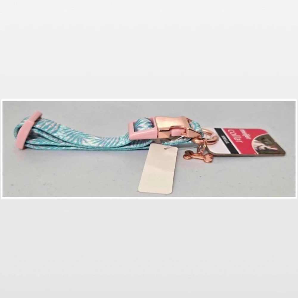 New Dog Collar Small Adjustable Pet Animal Green Tropical Leaves Pink NWT
